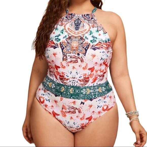 Floral Open Back High Neck‎ One Piece Swimsuit Lace - Picture 1 of 9